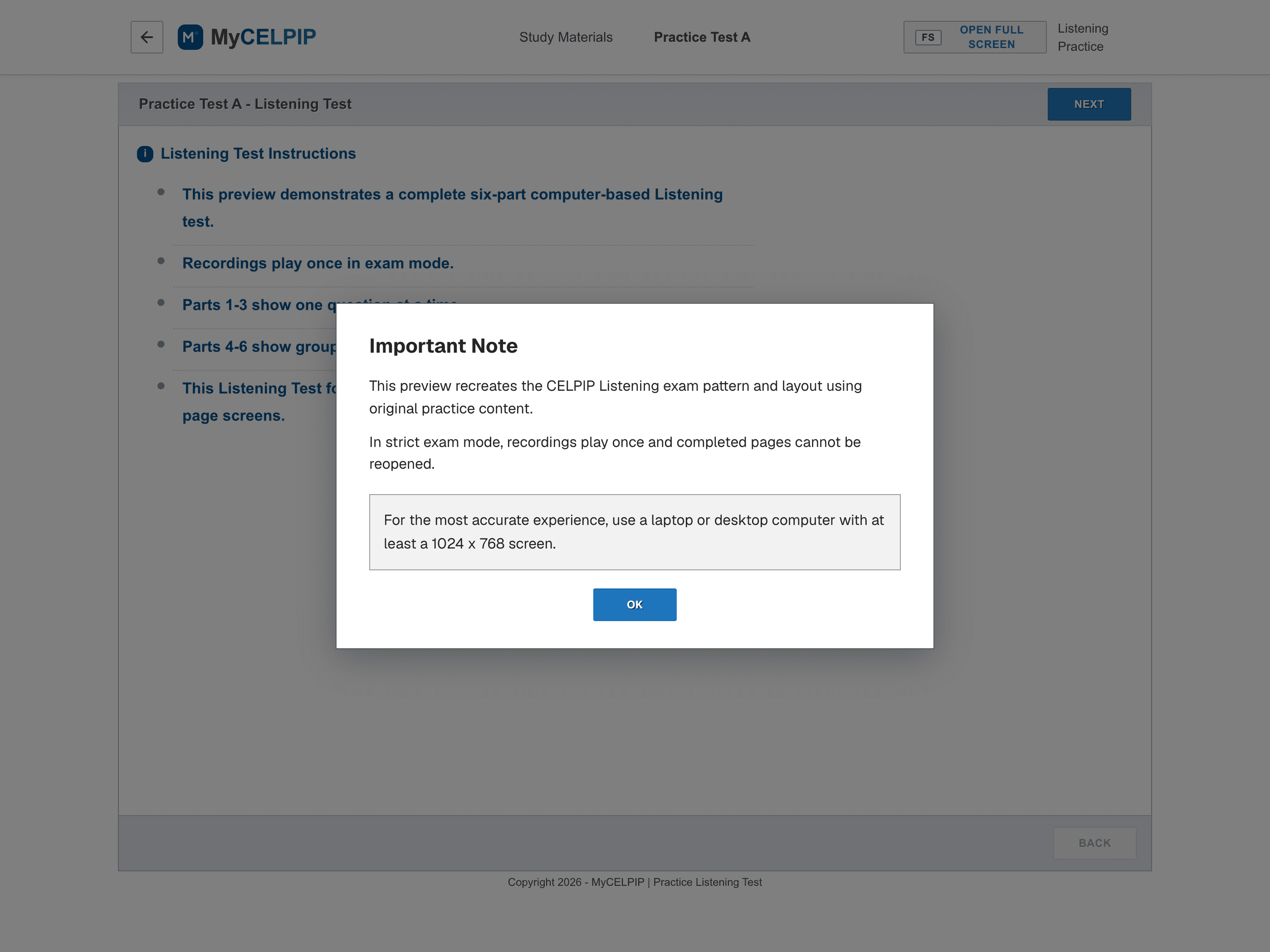 MyCELPIP Listening test instructions screen