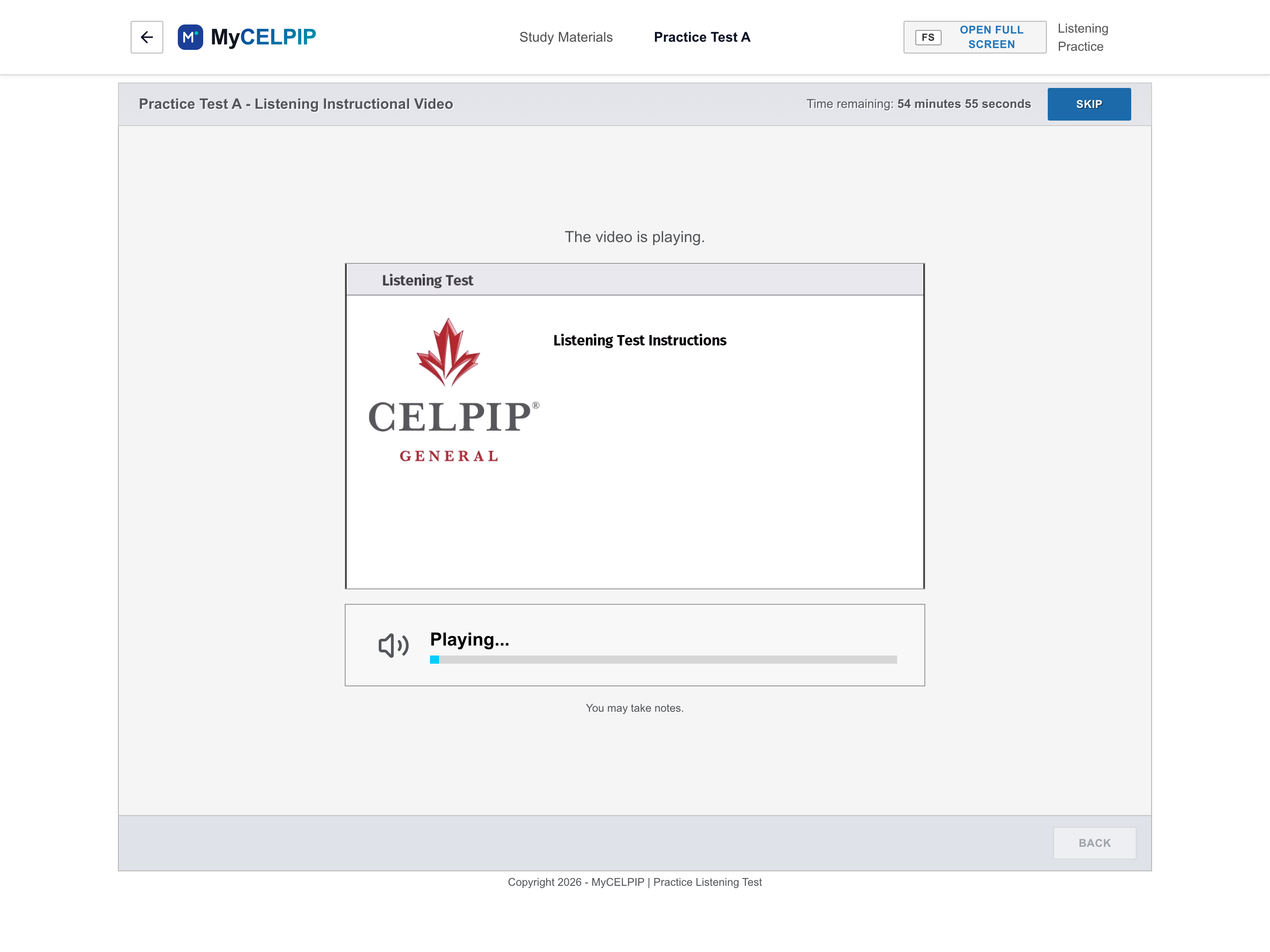 MyCELPIP Listening test introduction screen