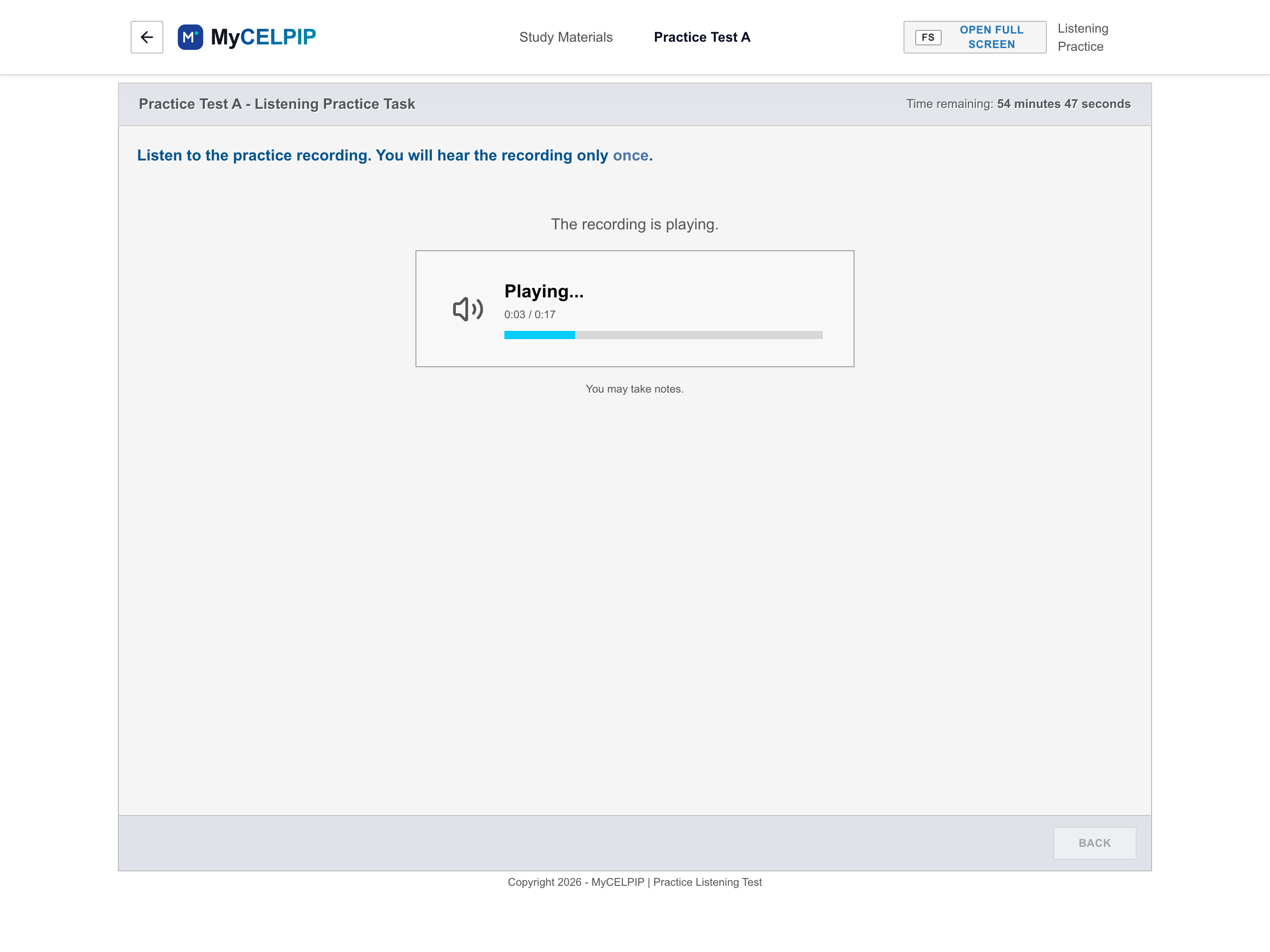 MyCELPIP Listening test with audio playing