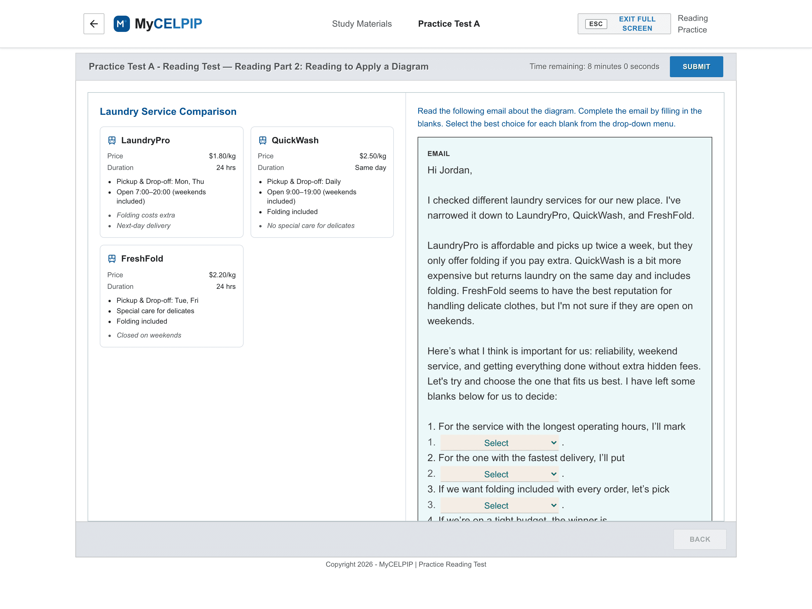 MyCELPIP Reading Apply a Diagram task layout