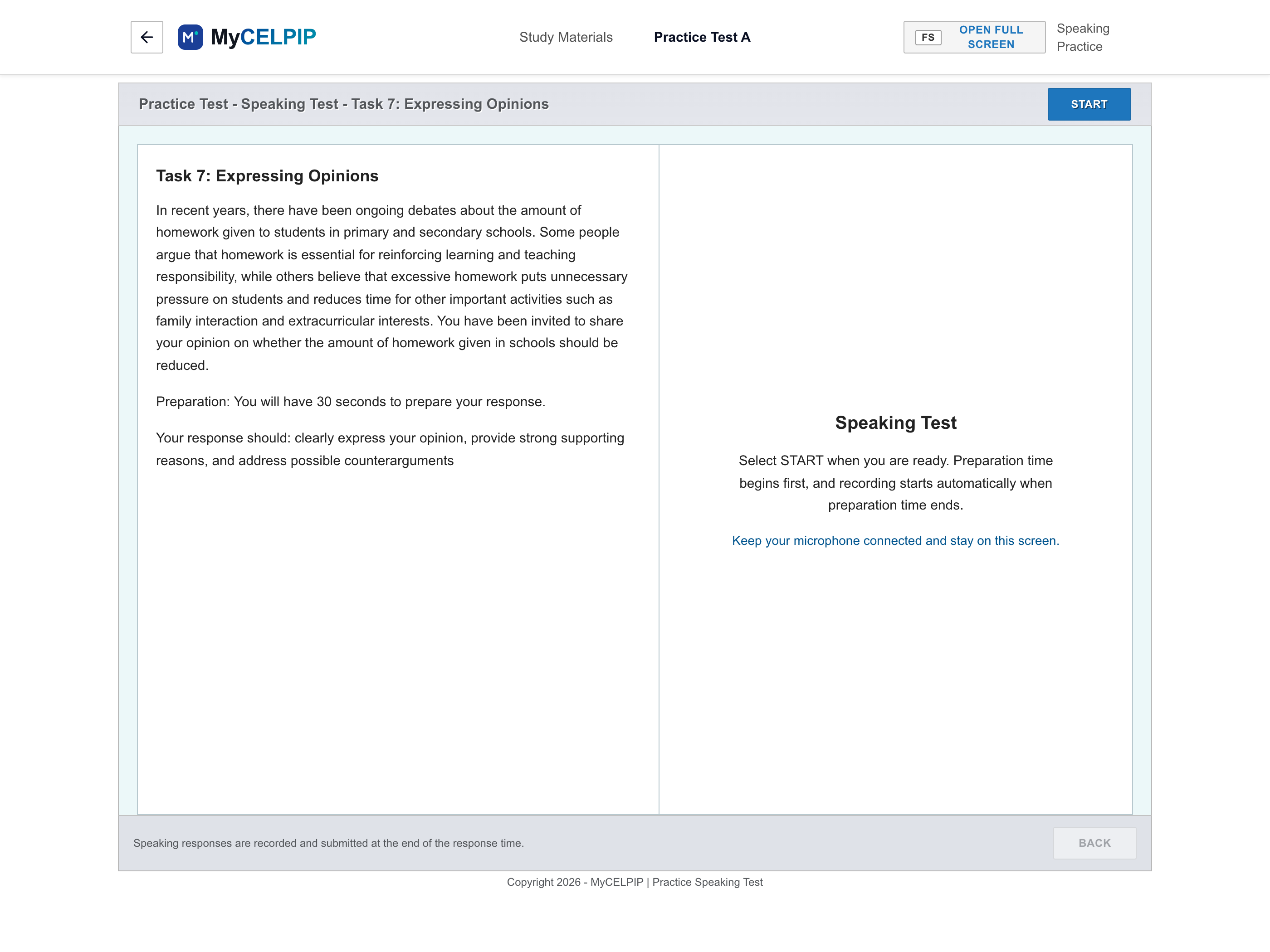 MyCELPIP Speaking Expressing Opinions task screen