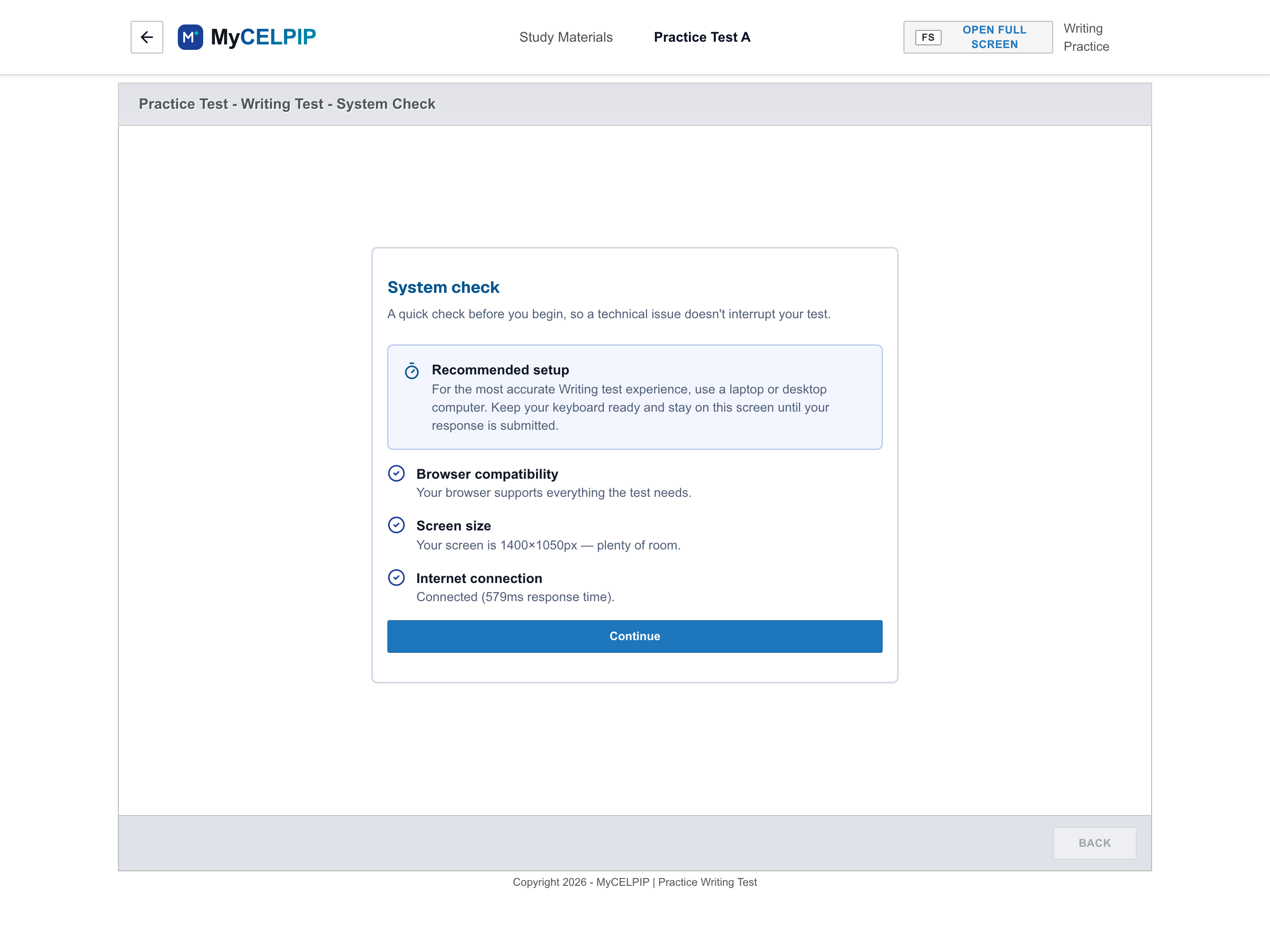 MyCELPIP Writing test instructions screen