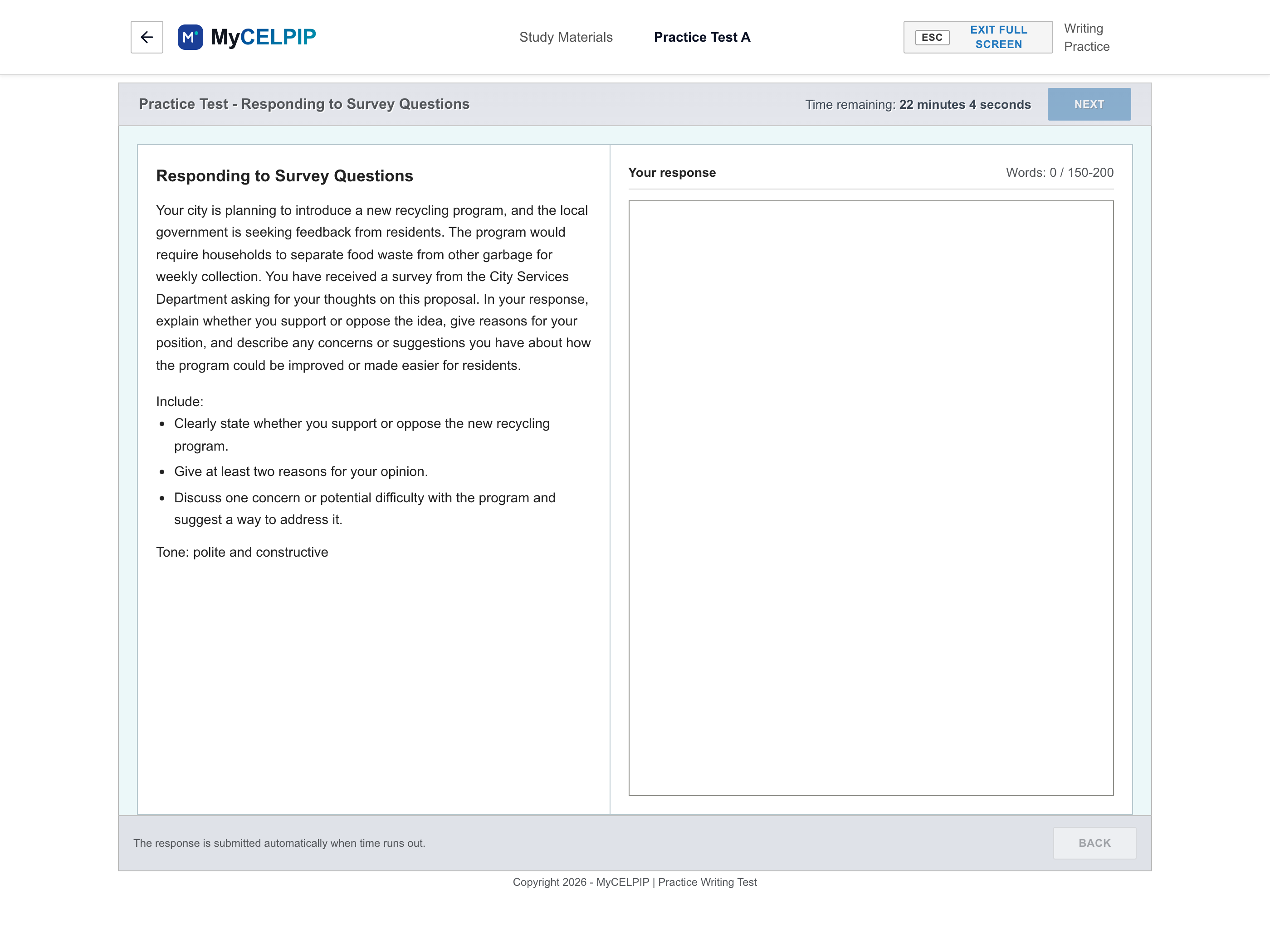 MyCELPIP Writing a Survey Response task screen
