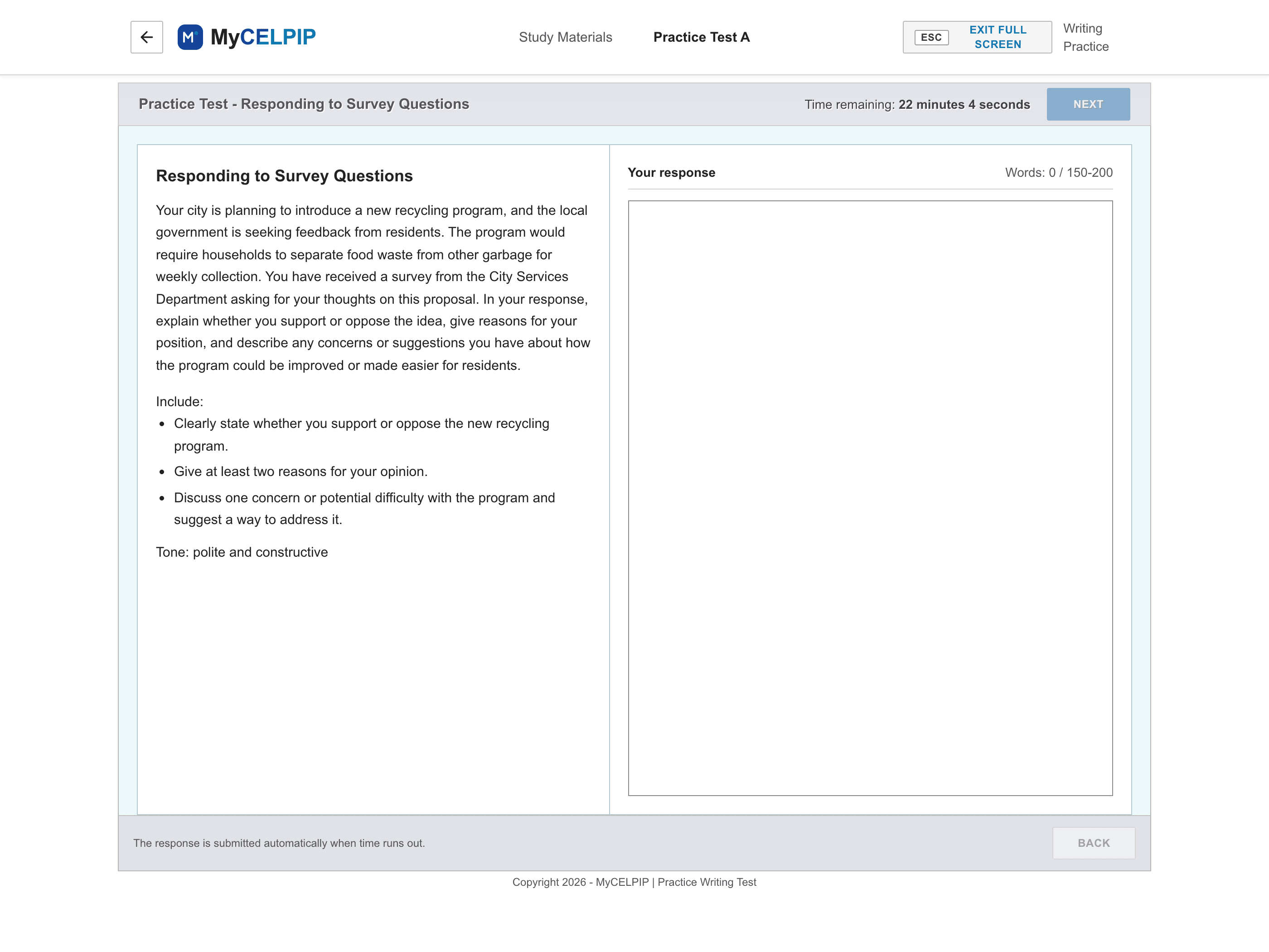 MyCELPIP Writing a Survey Response task screen